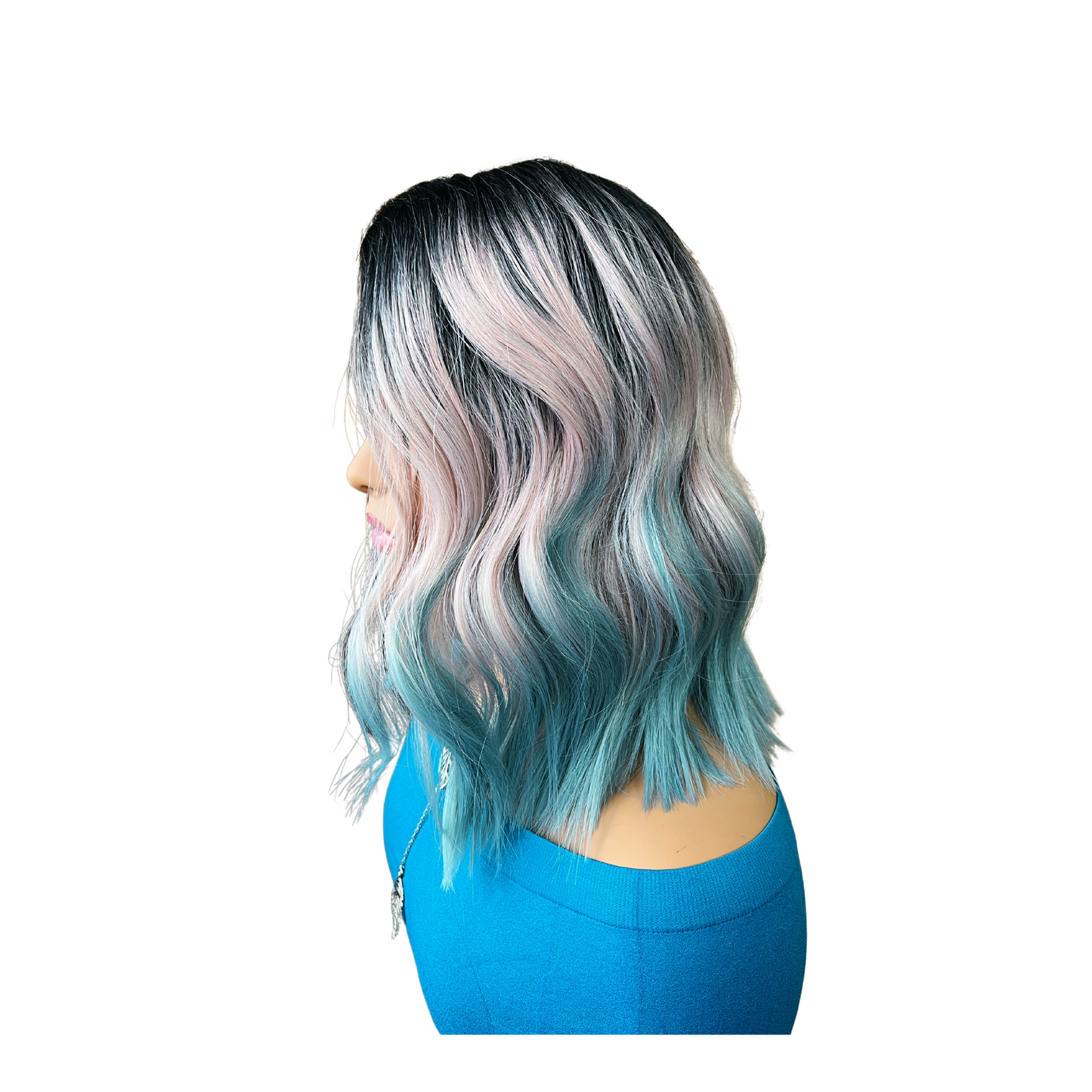 Tawny - Dark root pink and blue wavy asymmetrical bob