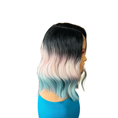 Tawny - Dark root pink and blue wavy asymmetrical bob