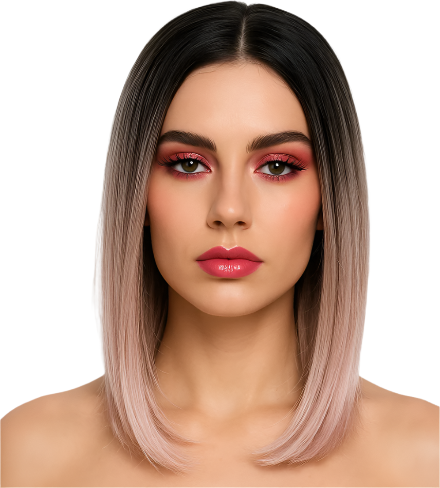 Zaria - Dark root pink sleek bob synthetic lace front wig