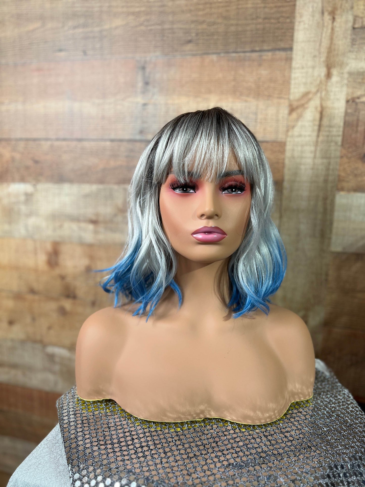 Kennedy 12” Blue & Silver Synthetic Wig with Bangs – Fun, Easy Wear