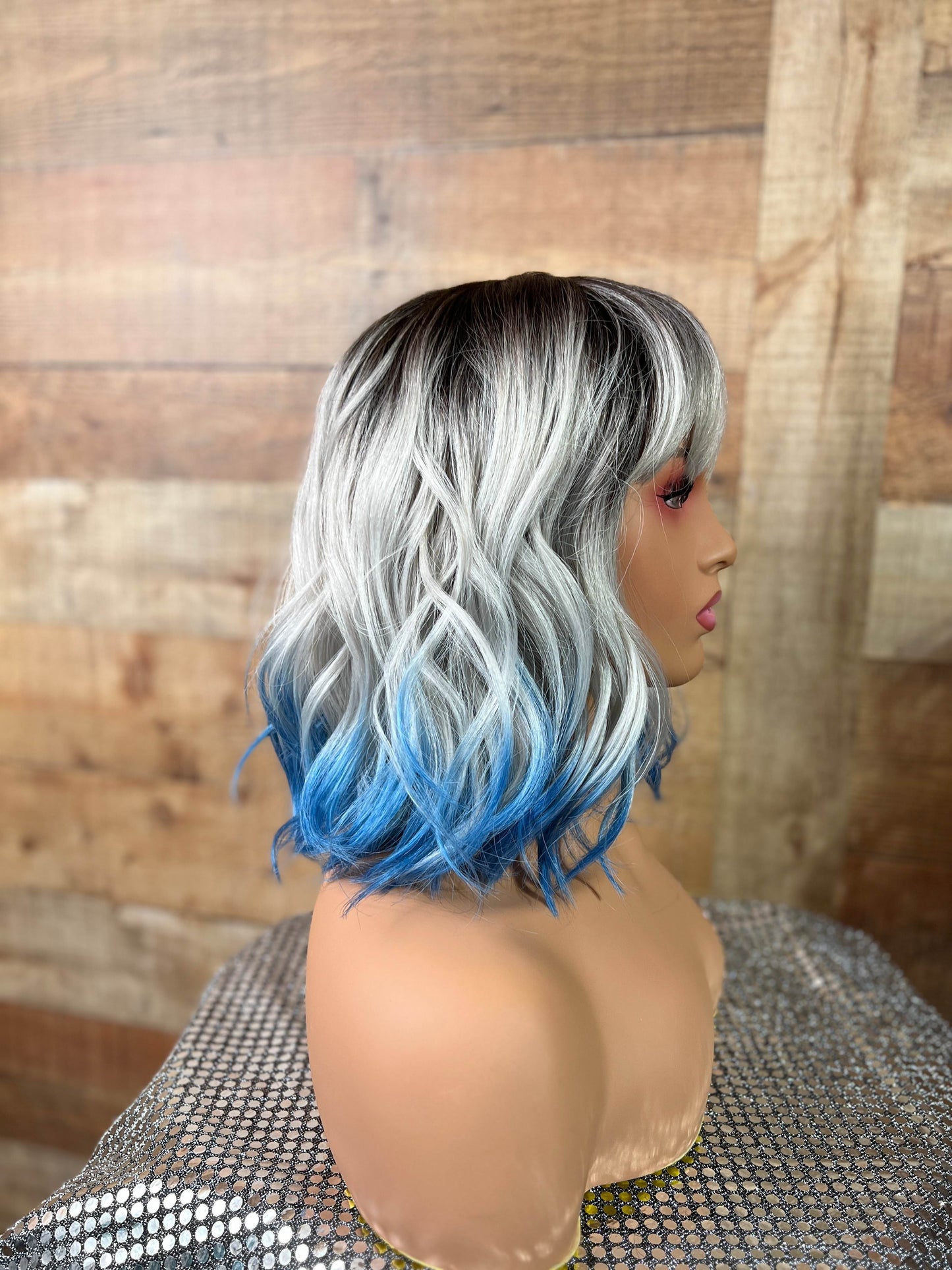 Kennedy 12” Blue & Silver Synthetic Wig with Bangs – Fun, Easy Wear