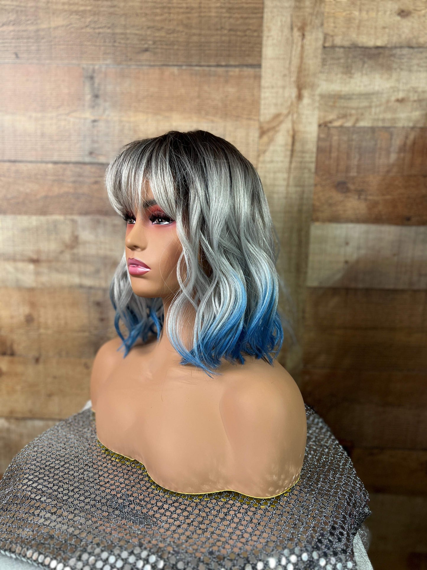 Kennedy 12” Blue & Silver Synthetic Wig with Bangs – Fun, Easy Wear