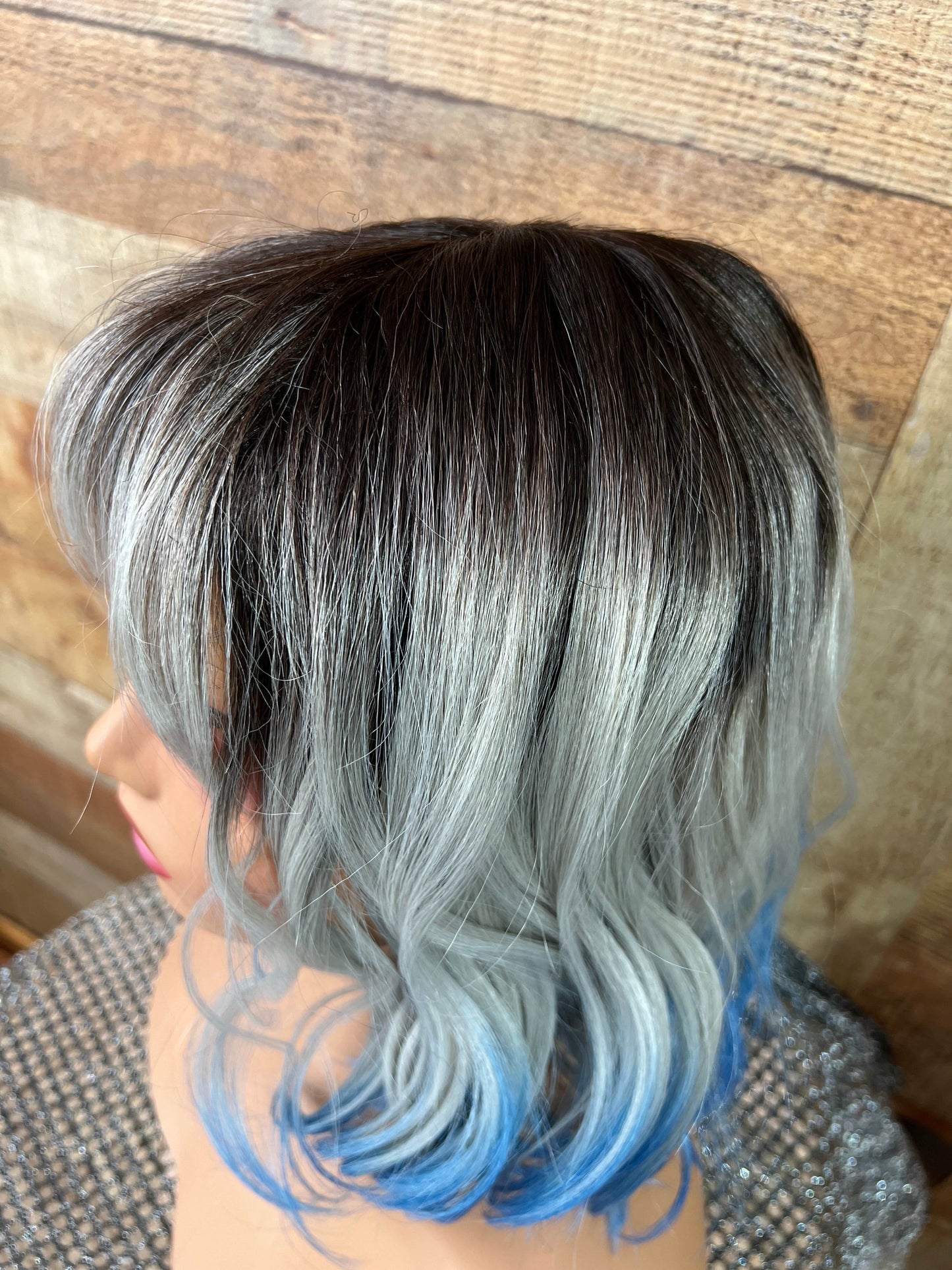 Kennedy 12” Blue & Silver Synthetic Wig with Bangs – Fun, Easy Wear