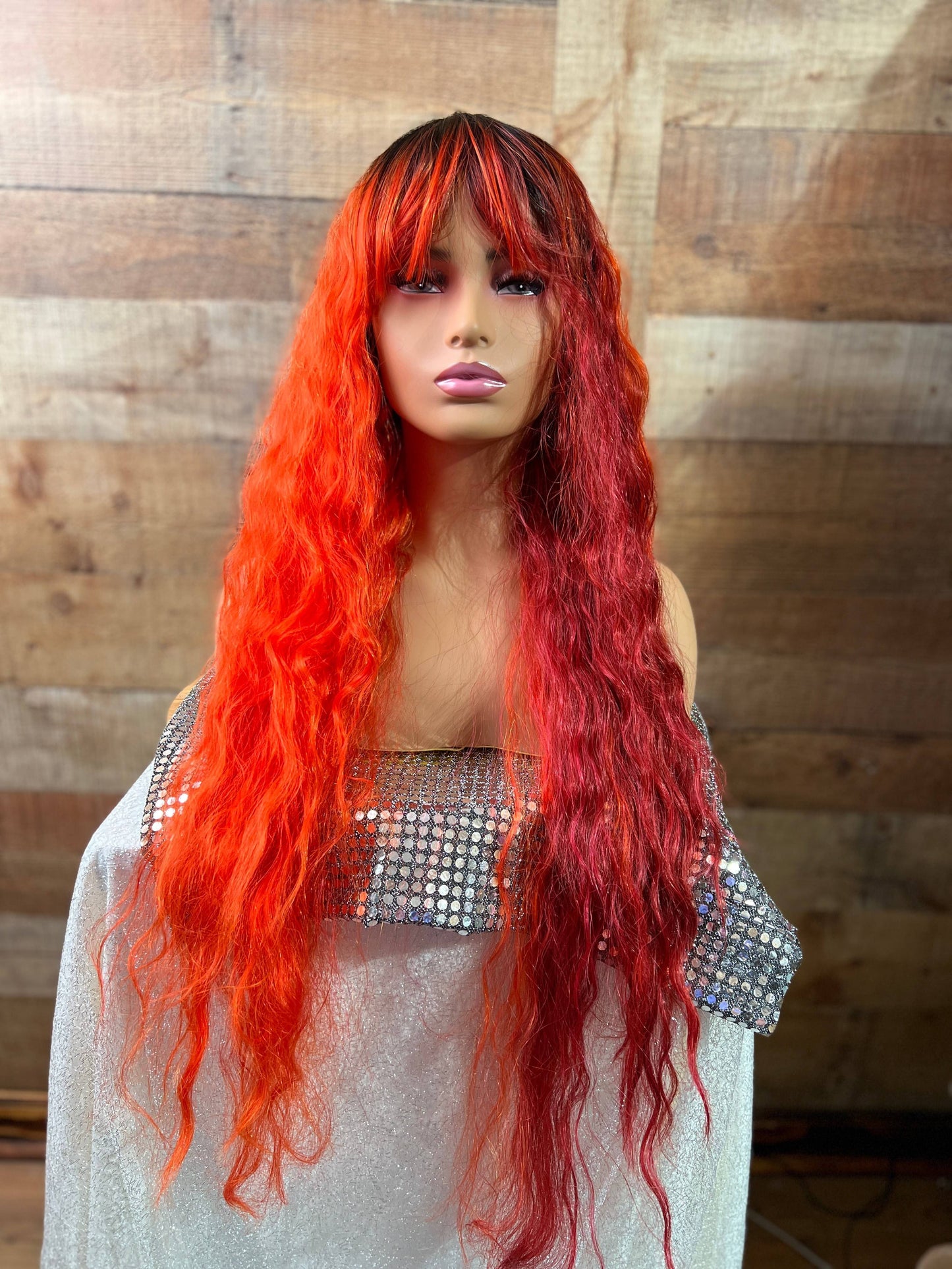 Phoenix - Half orange/half red xtra long wavy bang wig