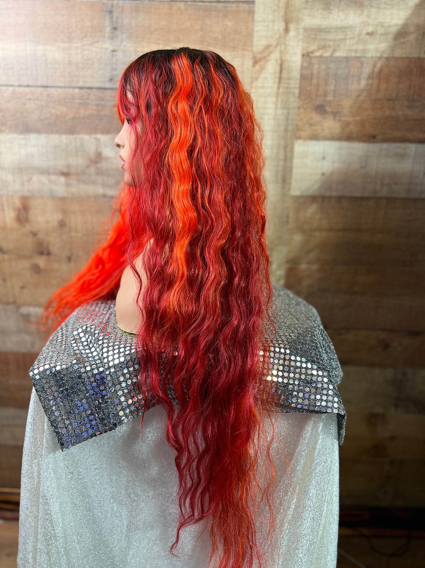 Phoenix - Half orange/half red xtra long wavy bang wig