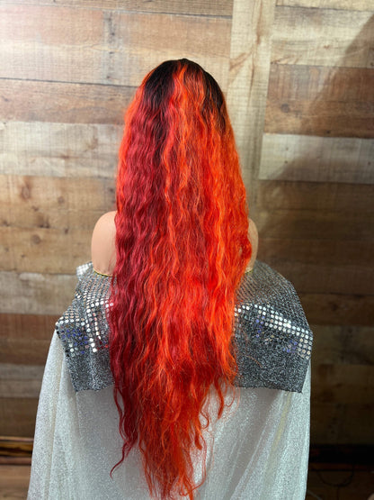 Phoenix - Half orange/half red xtra long wavy bang wig