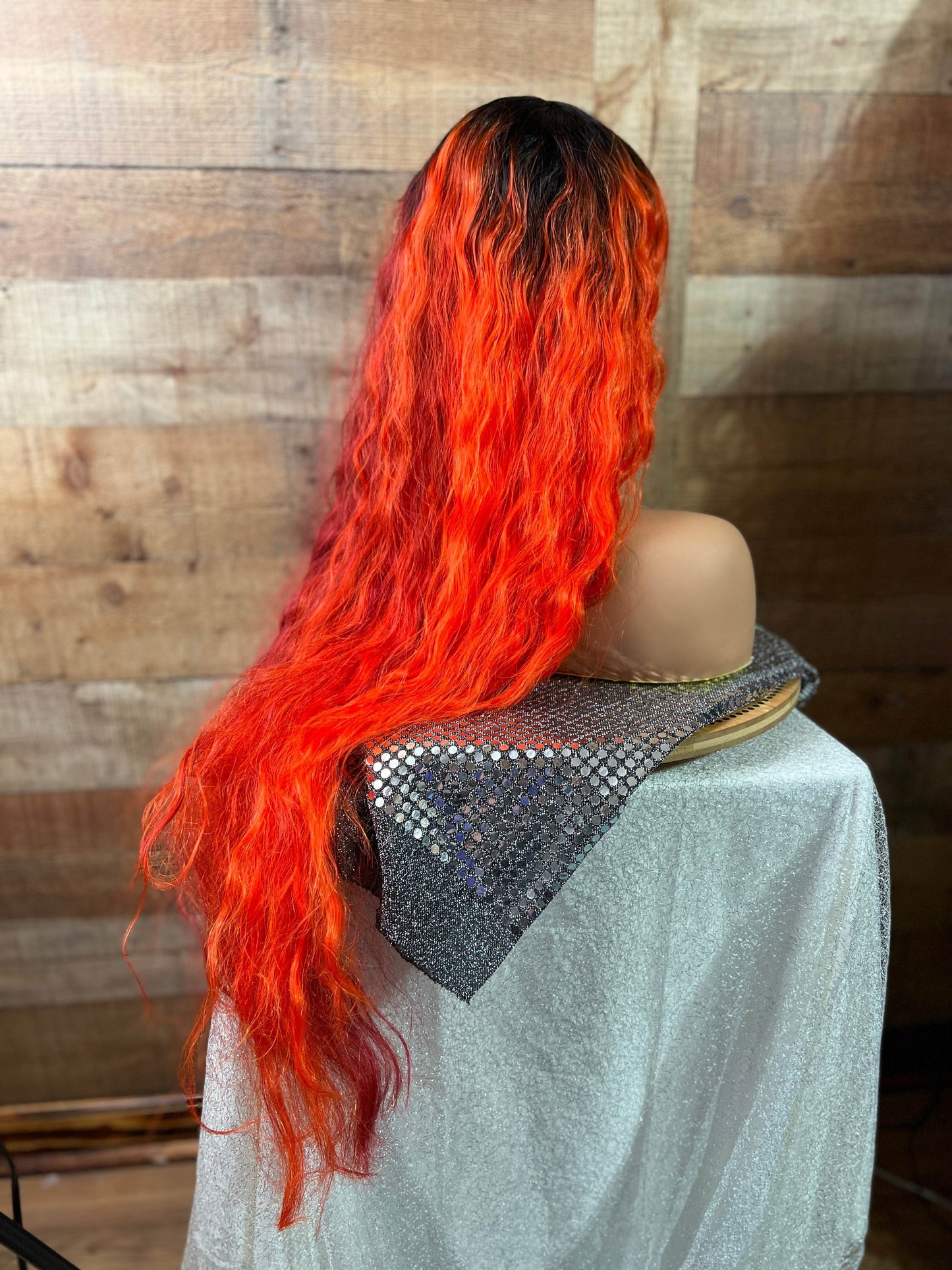 Phoenix - Half orange/half red xtra long wavy bang wig