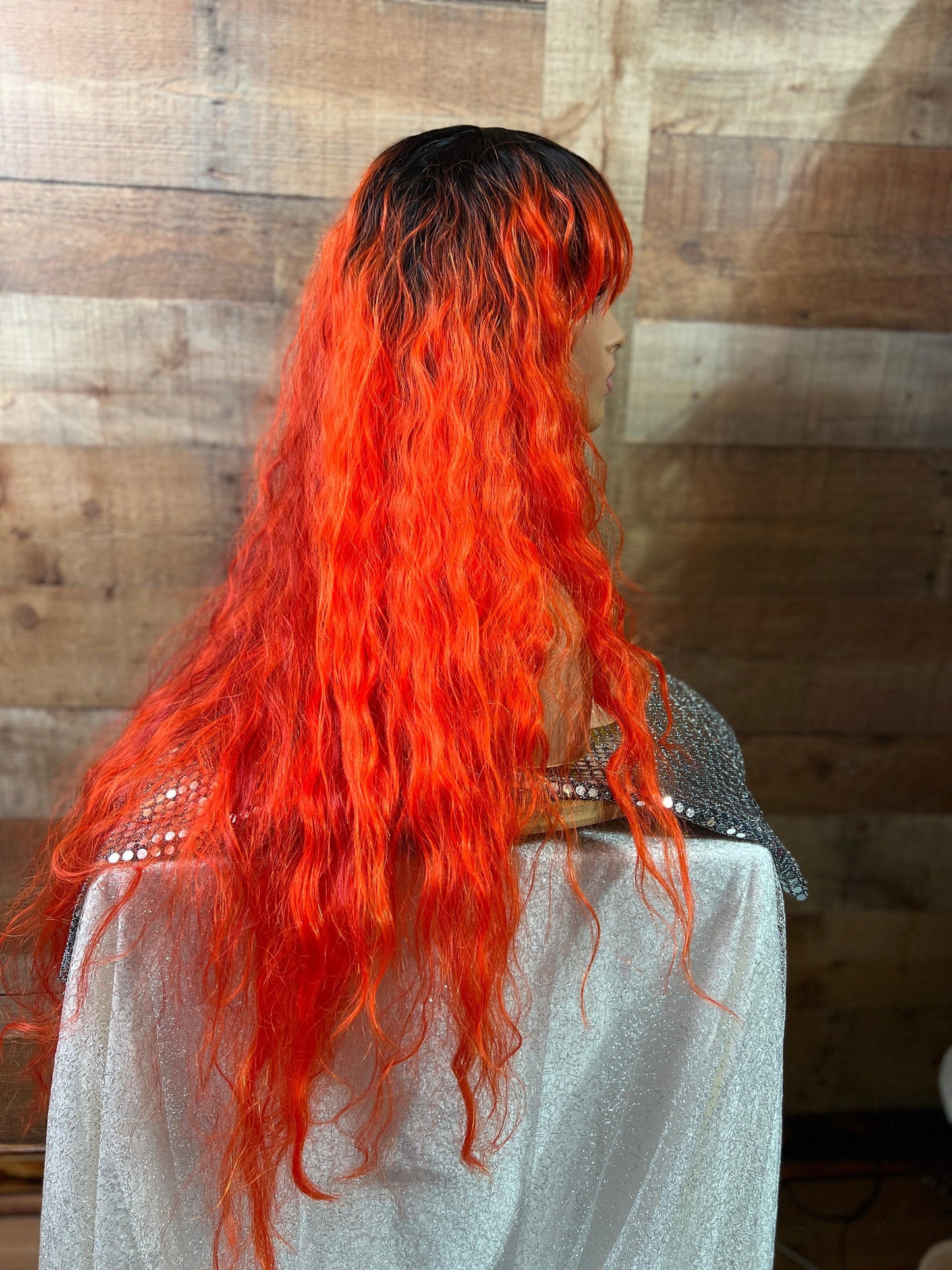 Phoenix - Half orange/half red xtra long wavy bang wig